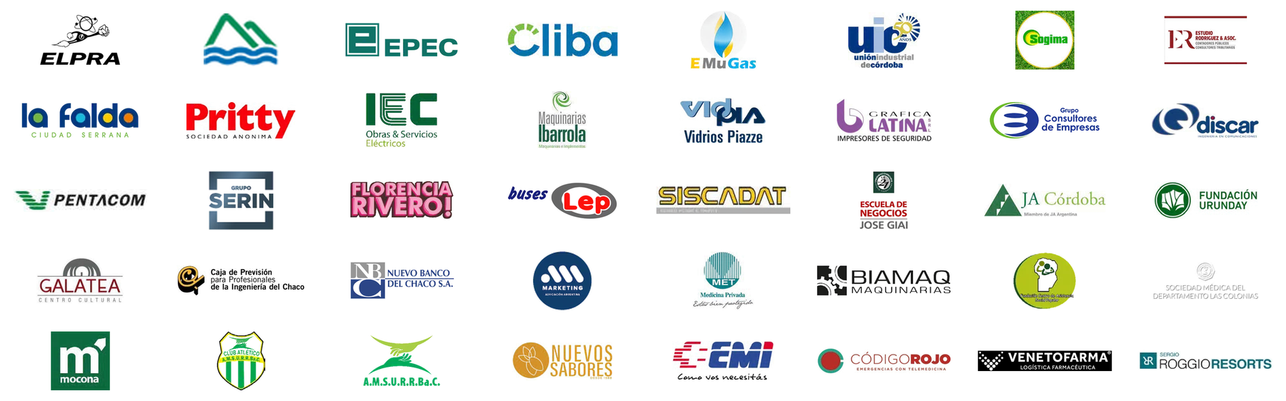 Logos de clientes: Cliba, EMuGas, Unión Industrial de Córdoba, Sogima, Estudio Rodríguez, Elpra, EPEC, La Falda, Pritty, IEC, Vidria, Gráfica Latina, Discar, Pentacom, Grupo Serin, Siscadat, JA Córdoba, Fundación Urunday, Galatea, Nuevo Banco del Chaco, Biamaq, Mocona, Nuevos Sabores, EMI, Código Rojo, Venetofarma, Roggio Resorts y otras