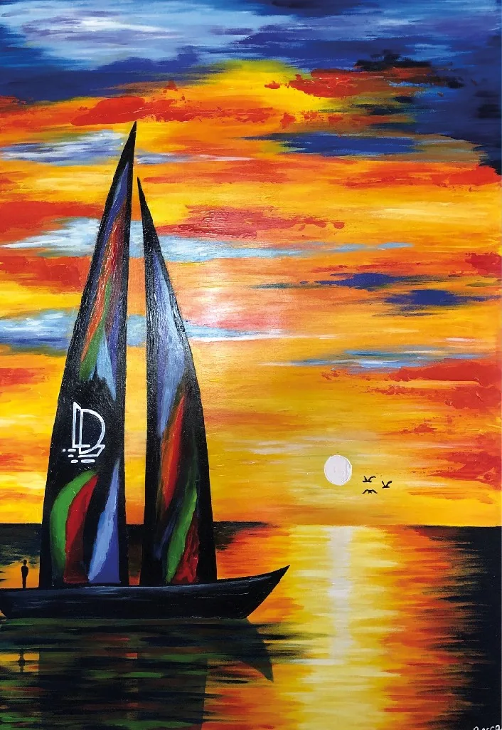 Pintura de un velero al atardecer con el isotipo de ELEDE en la vela